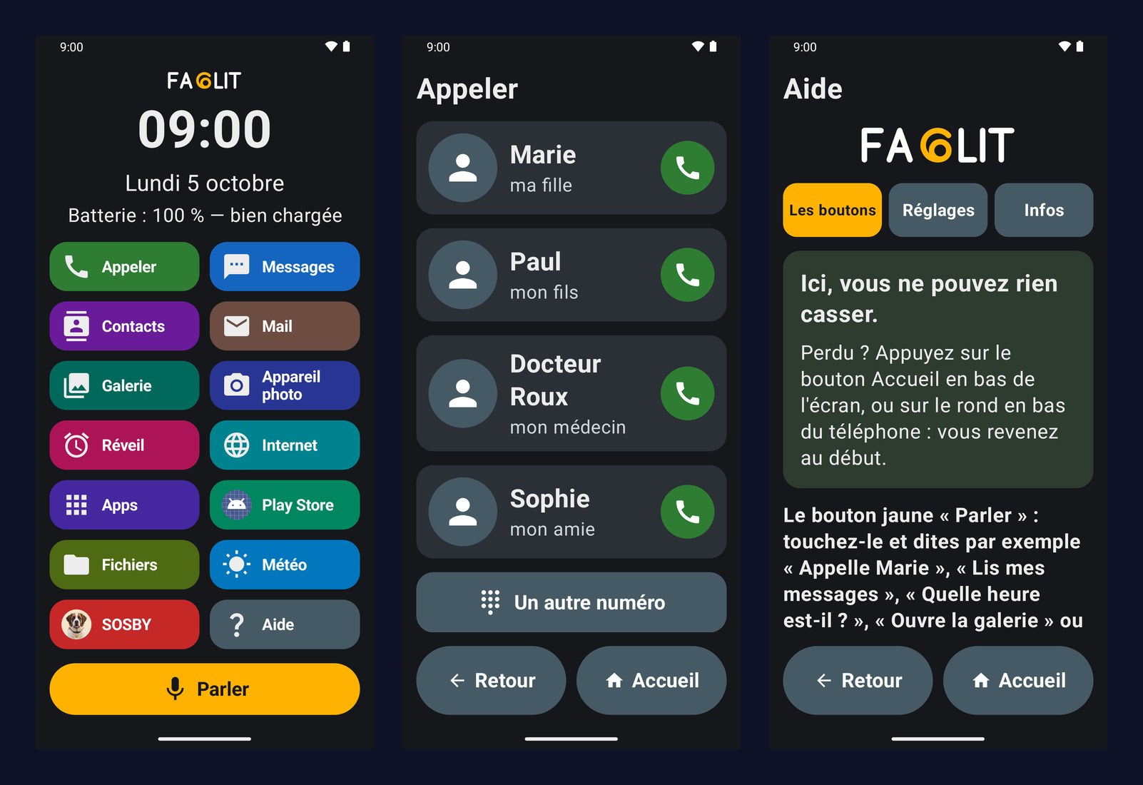 Écrans de FA6LIT : l'accueil en grandes cartes, les appels et l'aide