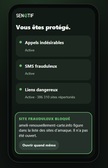 Écran de SEN6TIF : appels, SMS et liens protégés
