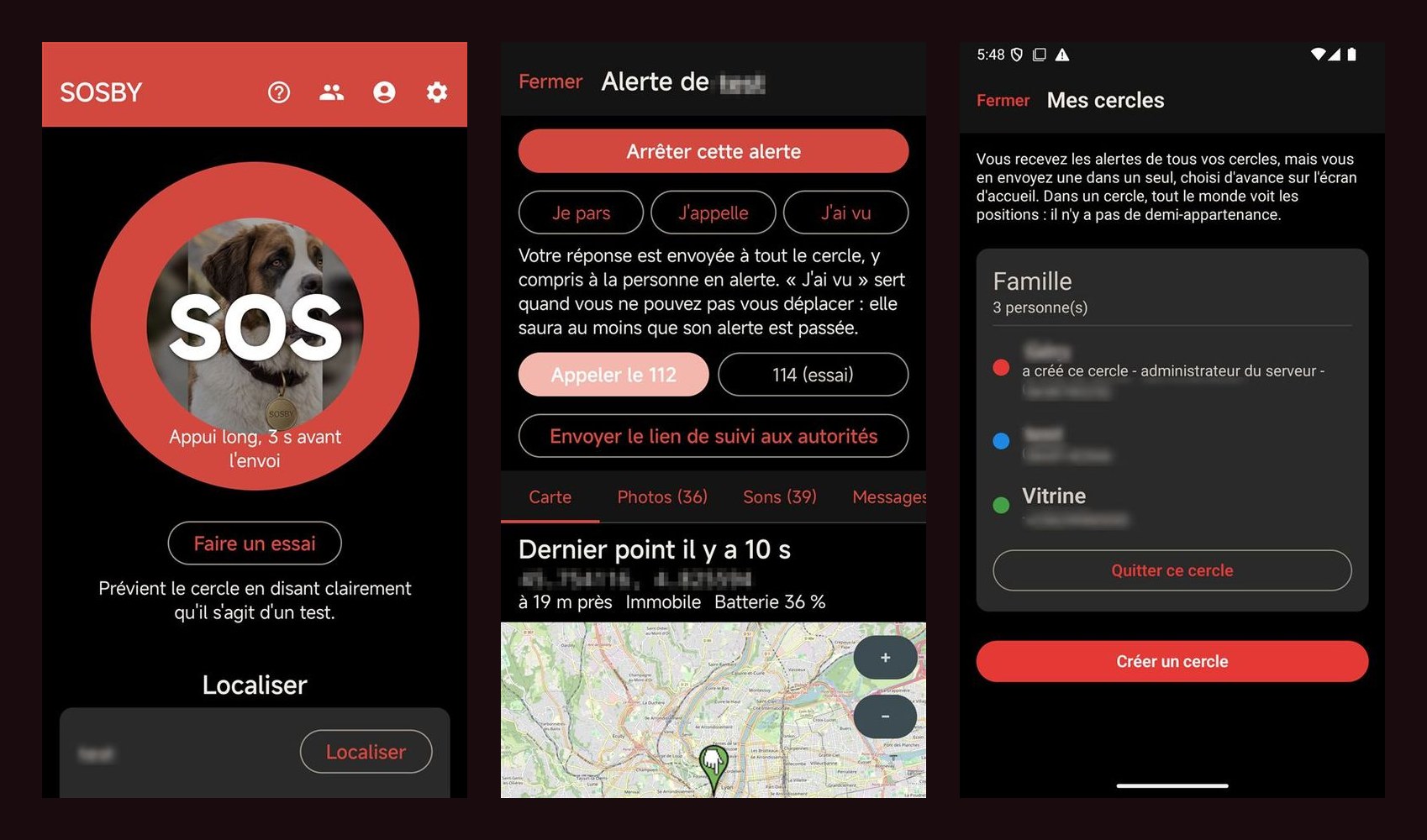 Écrans de SOSBY : le bouton SOS, la réception de l'alerte et les cercles